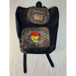 Vintage Looney Tunes Tweety Bird Backpack Black Canvas Rucksack Embroidered 90s